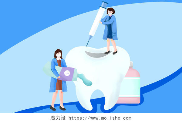 医生清理保护牙齿淡蓝色爱牙日插画背景素材